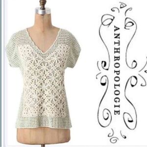 Anthropologie Crochet V-Neck Top in Cream and Green